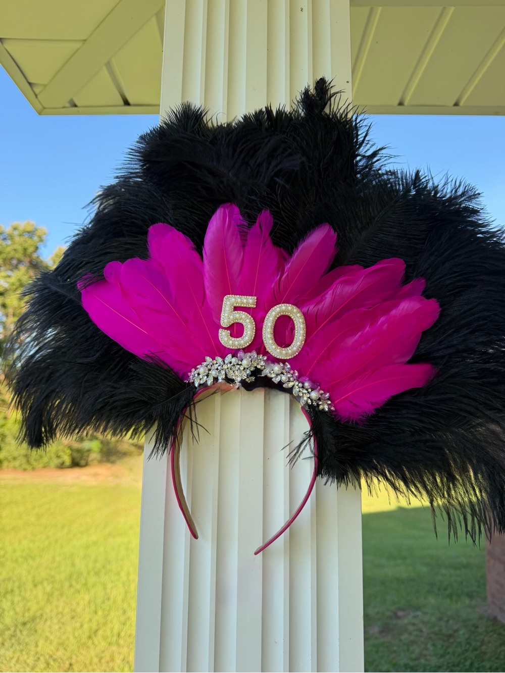 Festive Hot Pink & Black Feather Headband with '50' Accent